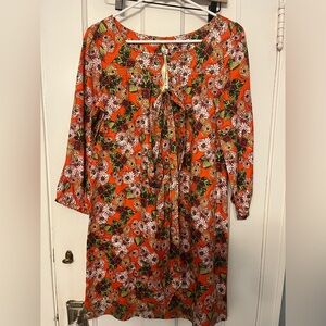 Uncle Frank Orange Floral Shift Retro 60s 70s Cotton Long Sleeve Dress Medium